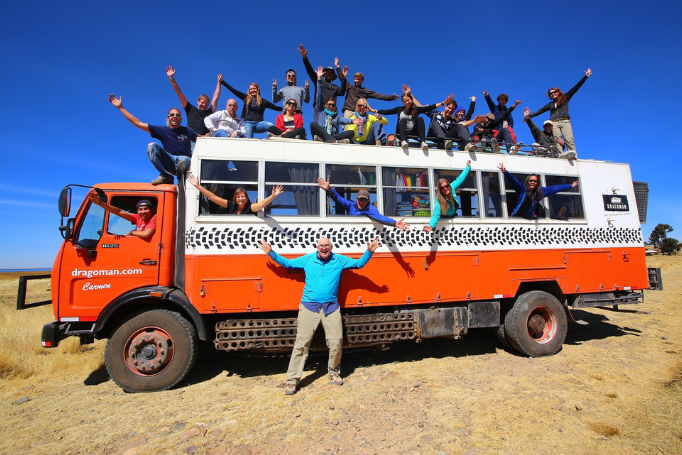 Group of travellers posing for a photo while on a Dragoman overland tour.