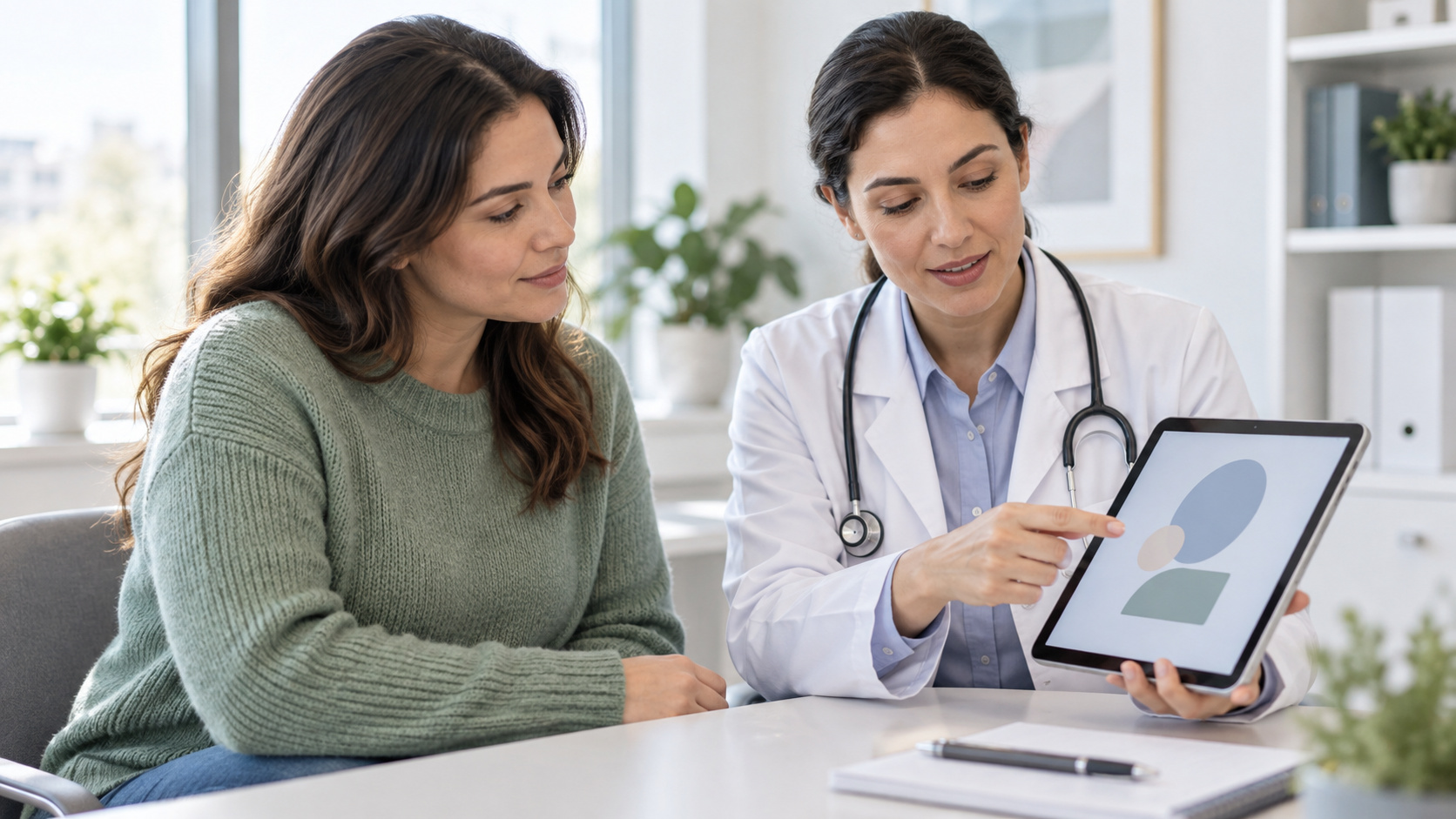Клиентка и врач просматривают абстрактную схему на планшете