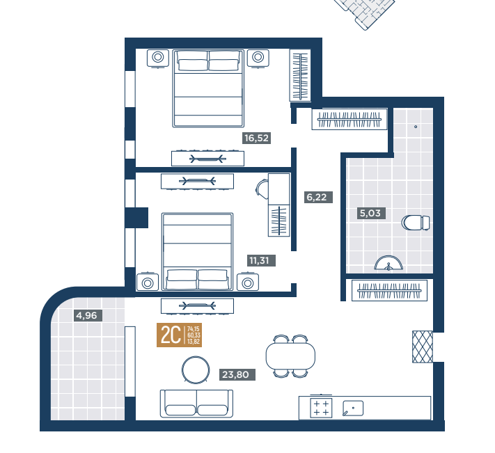 Планировка 2-комнатная 74.15 м²