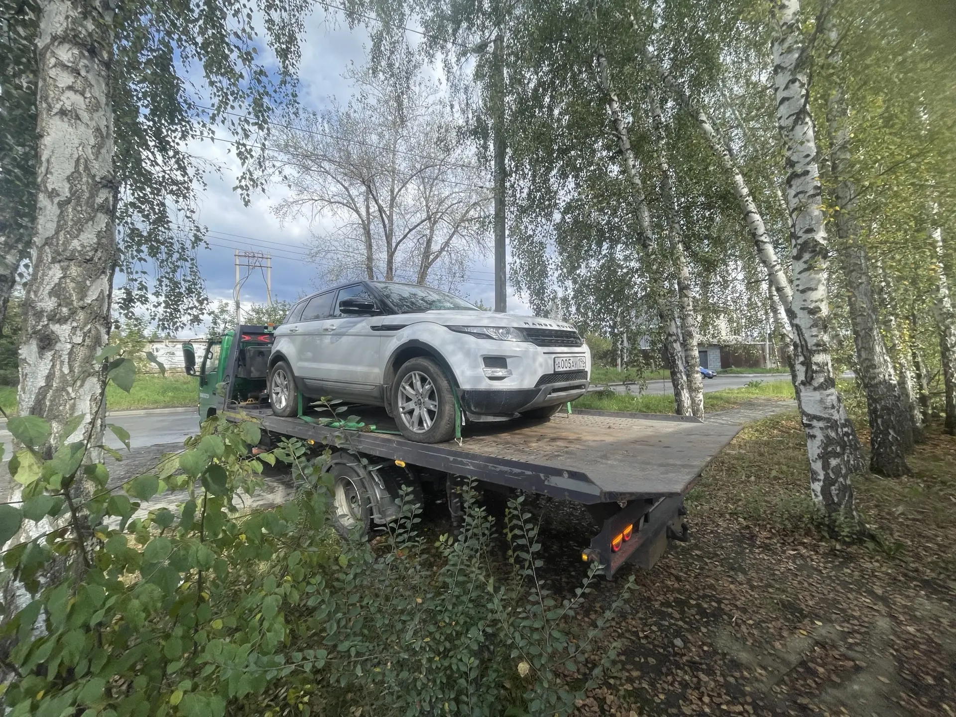 Range Rover на платформе эвакуатора, вид с другого ракурса с берёзами