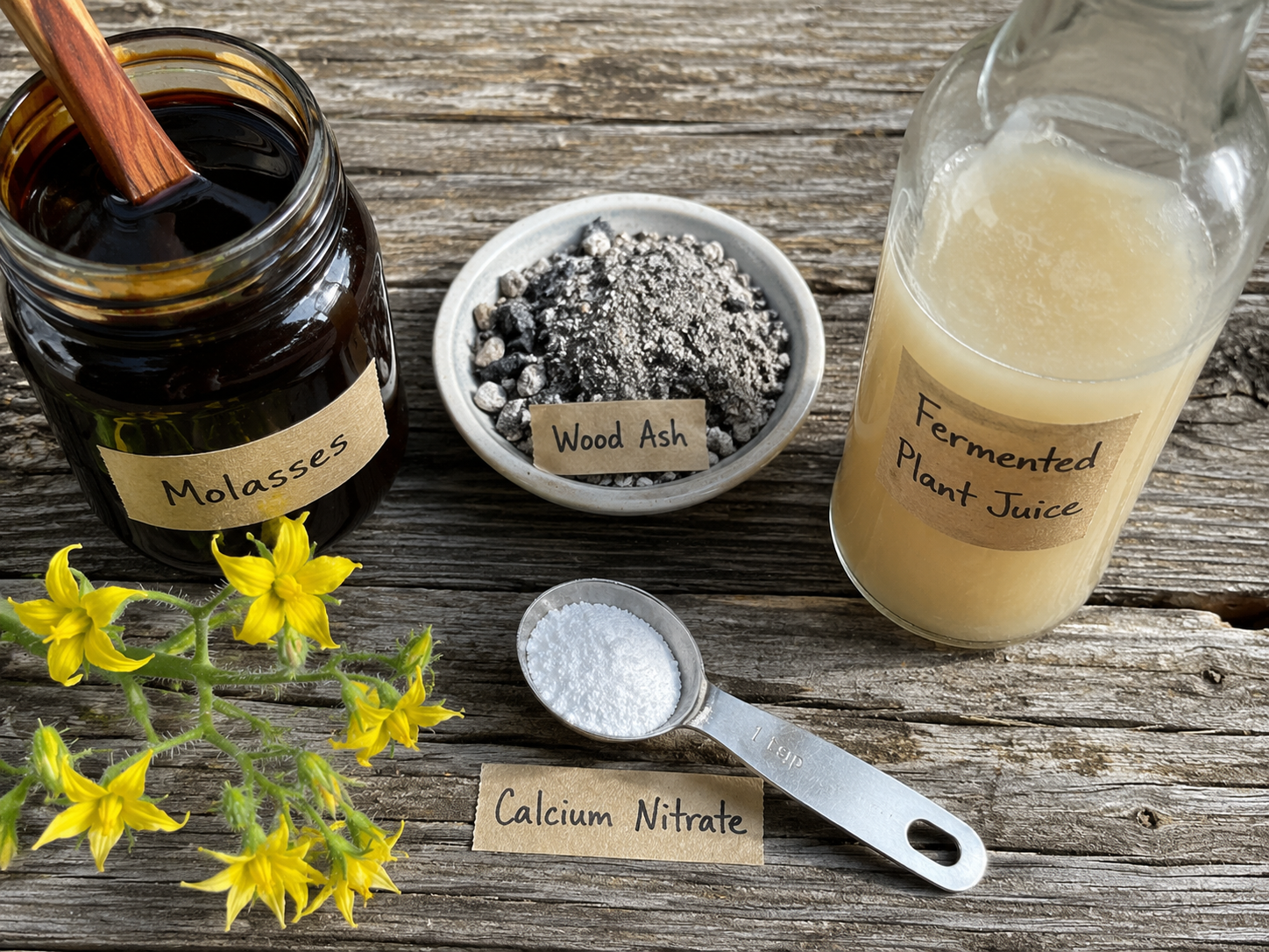 Tomato rotation inputs flat lay: molasses, wood ash, calcium nitrate, and fermented culture on weathered wood