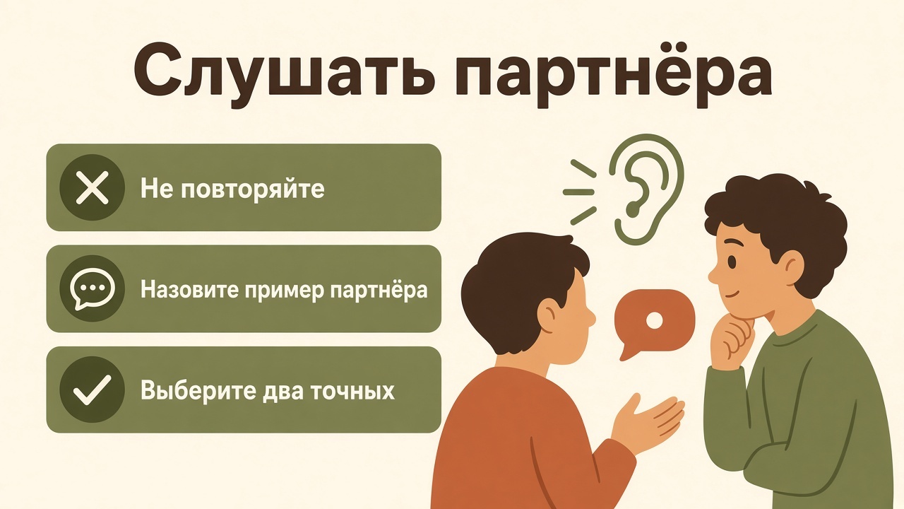 Три задачи слушателю: не повторять, назвать пример партнёра, выбрать два точных ответа