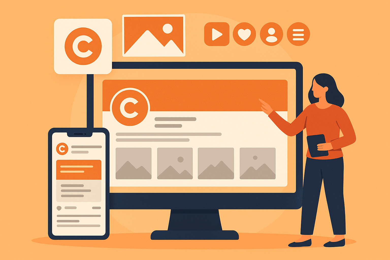 Женщина с планшетом показывает на экран компьютера и смартфон с оформленными профилями в соцсетях — логотип, обложка, иконки и посты, отражающие фирменный стиль.