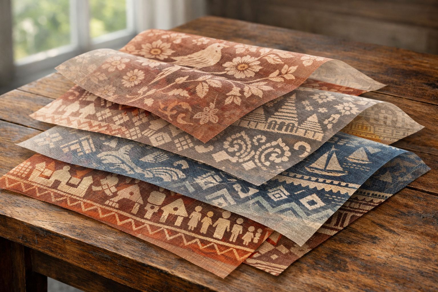 Ilustrasi lapisan motif tradisional Nusantara sebagai simbol banyaknya jejak sejarah dan makna budaya dalam satu tradisi