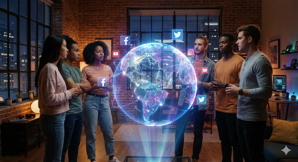 Группа людей использует смартфоны для общения во Всемирный день социальных сетей, символизируя глобальную связь.