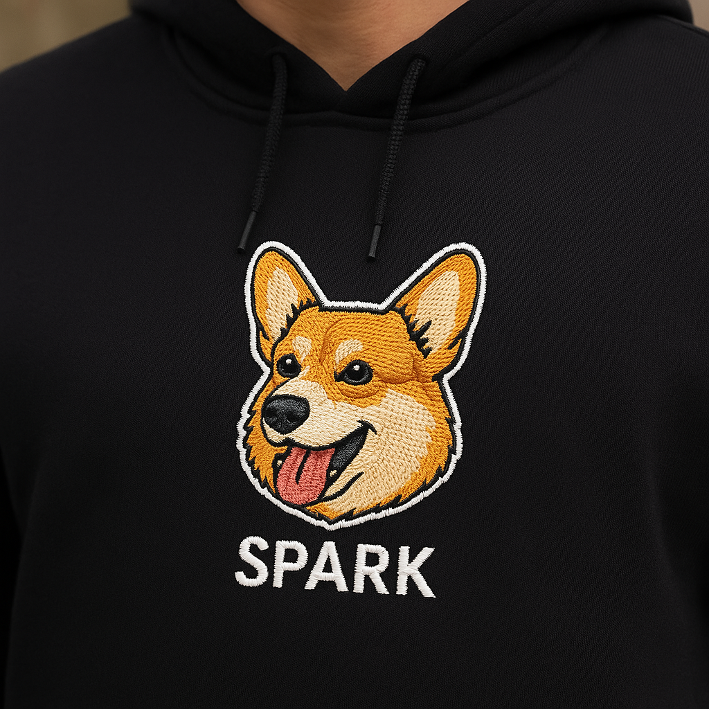 Пример чёрного худи с изображением корги и надписью SPARK