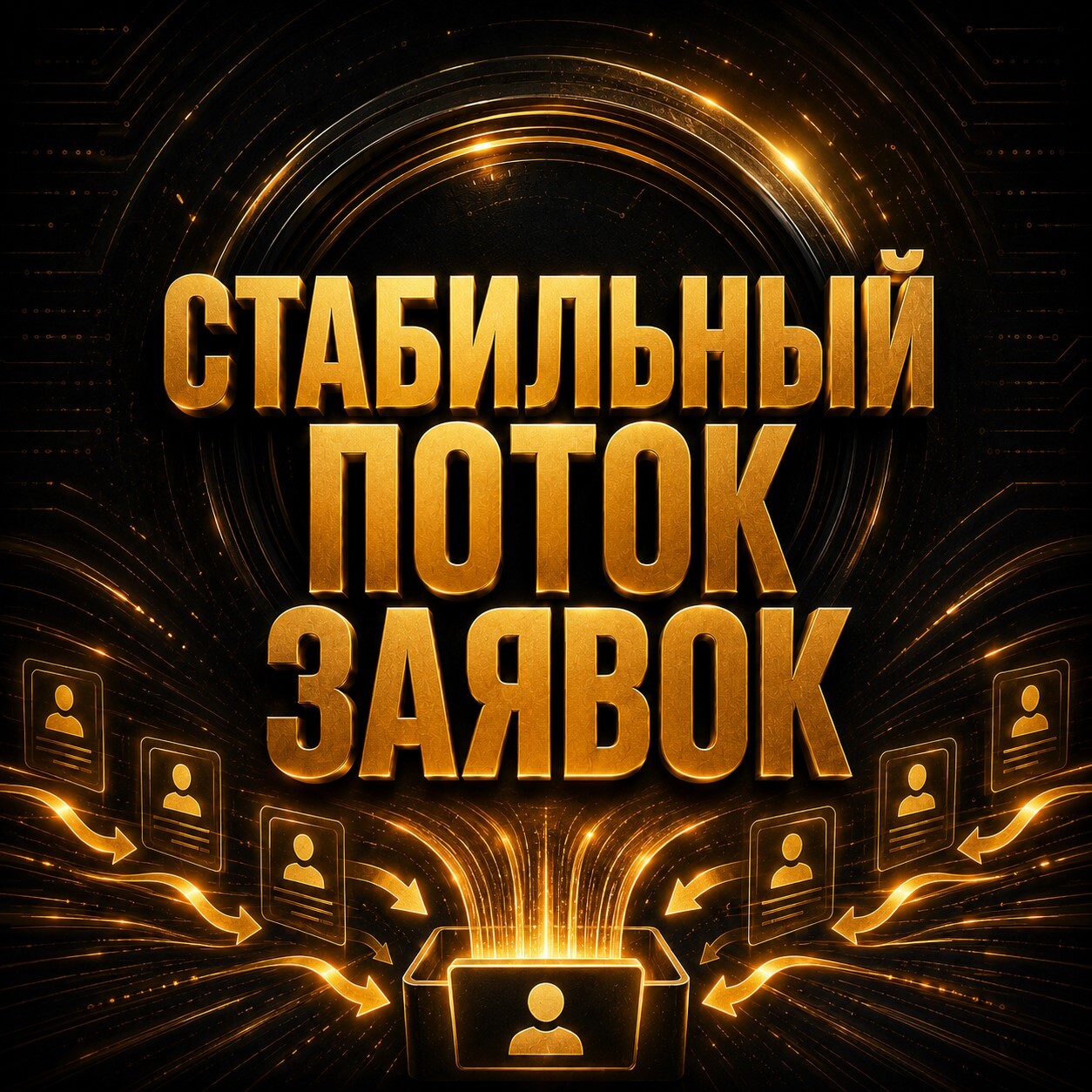 Золотой баннер с надписью «Стабильный поток заявок», входящими карточками клиентов и цифровой воронкой для сбора лидов.