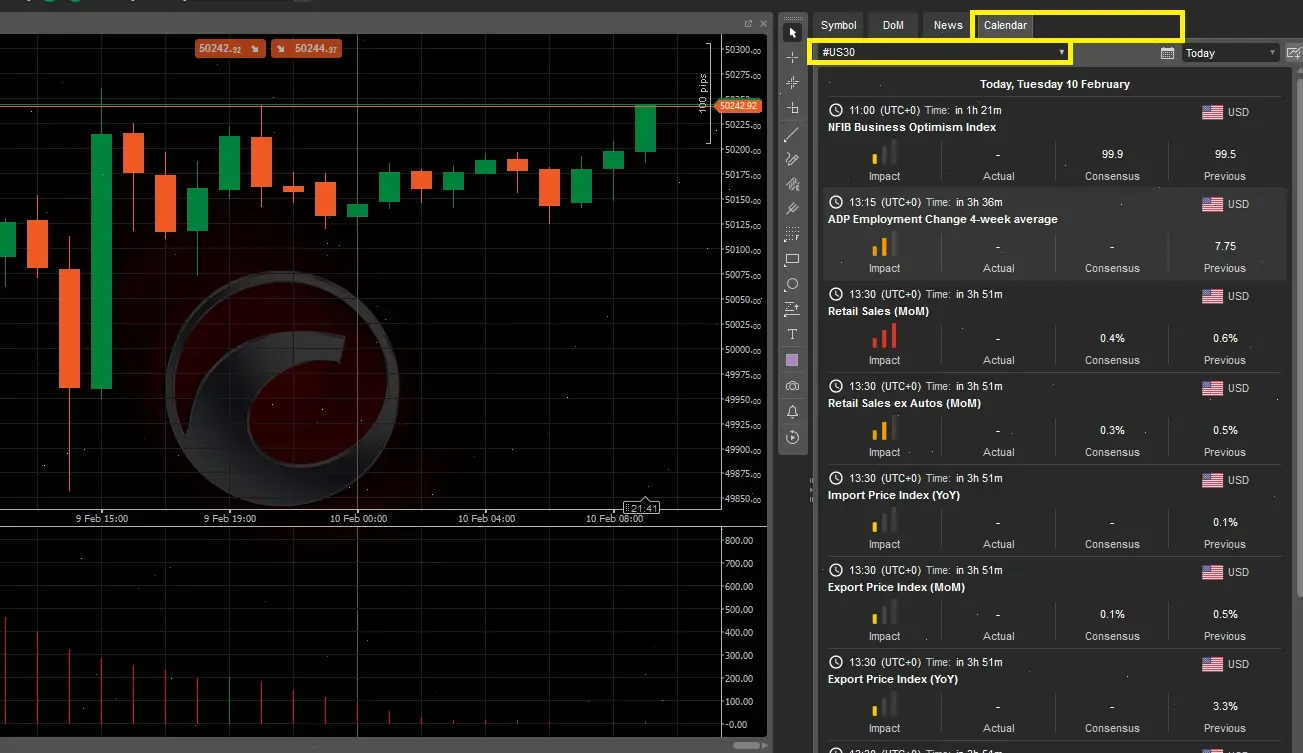 ctrader dow jones calendar
