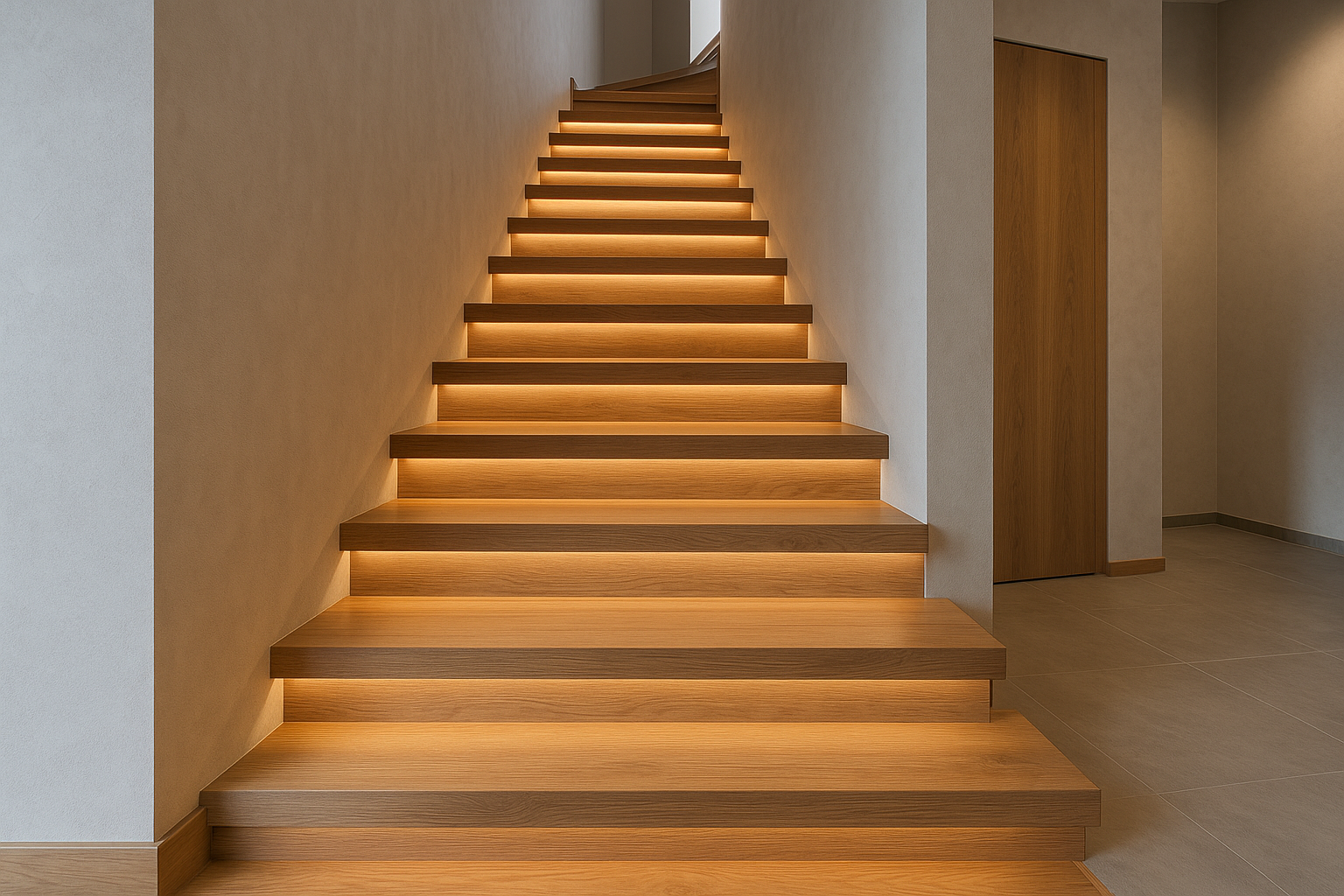 Современная деревянная лестница с подсветкой ступеней