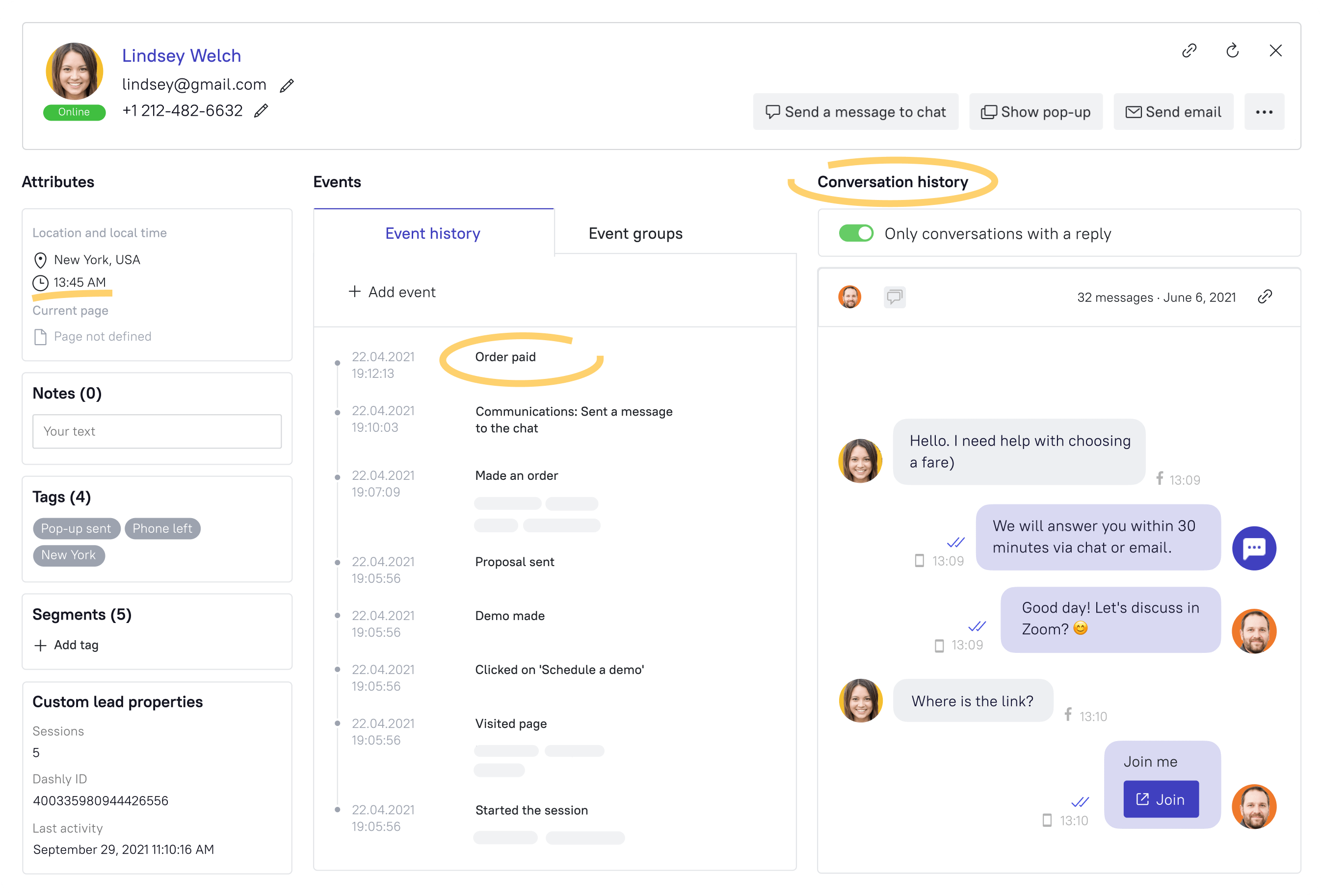 User card with live chat, email, socials chats, personal, and events data to help you plan each block of your bot and define when he or she is ready to communicate.