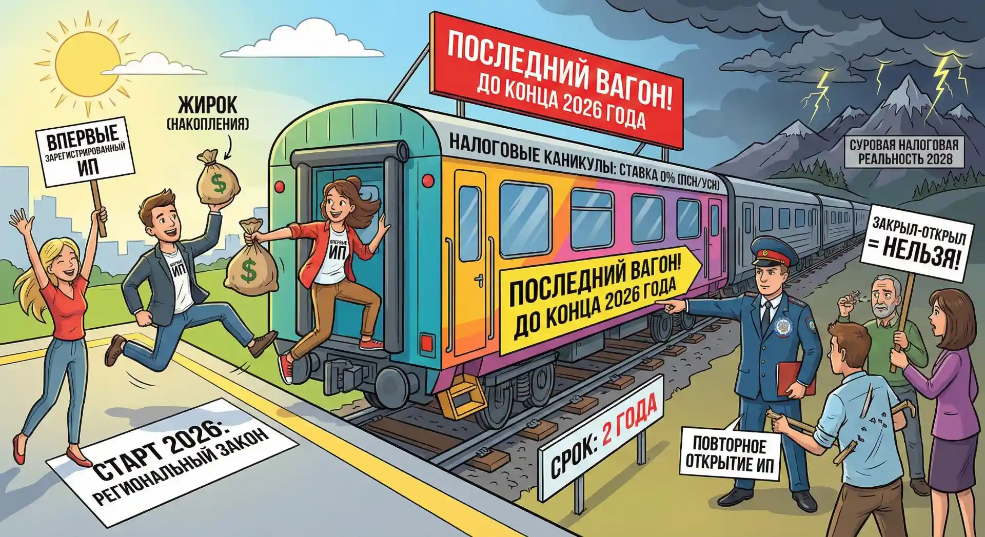 Иллюстрация налоговых каникул: поезд «Последний вагон до конца 2026» для новых ИП со ставкой 0%. Полицейский останавливает тех, кто переоткрыл ИП повторно.