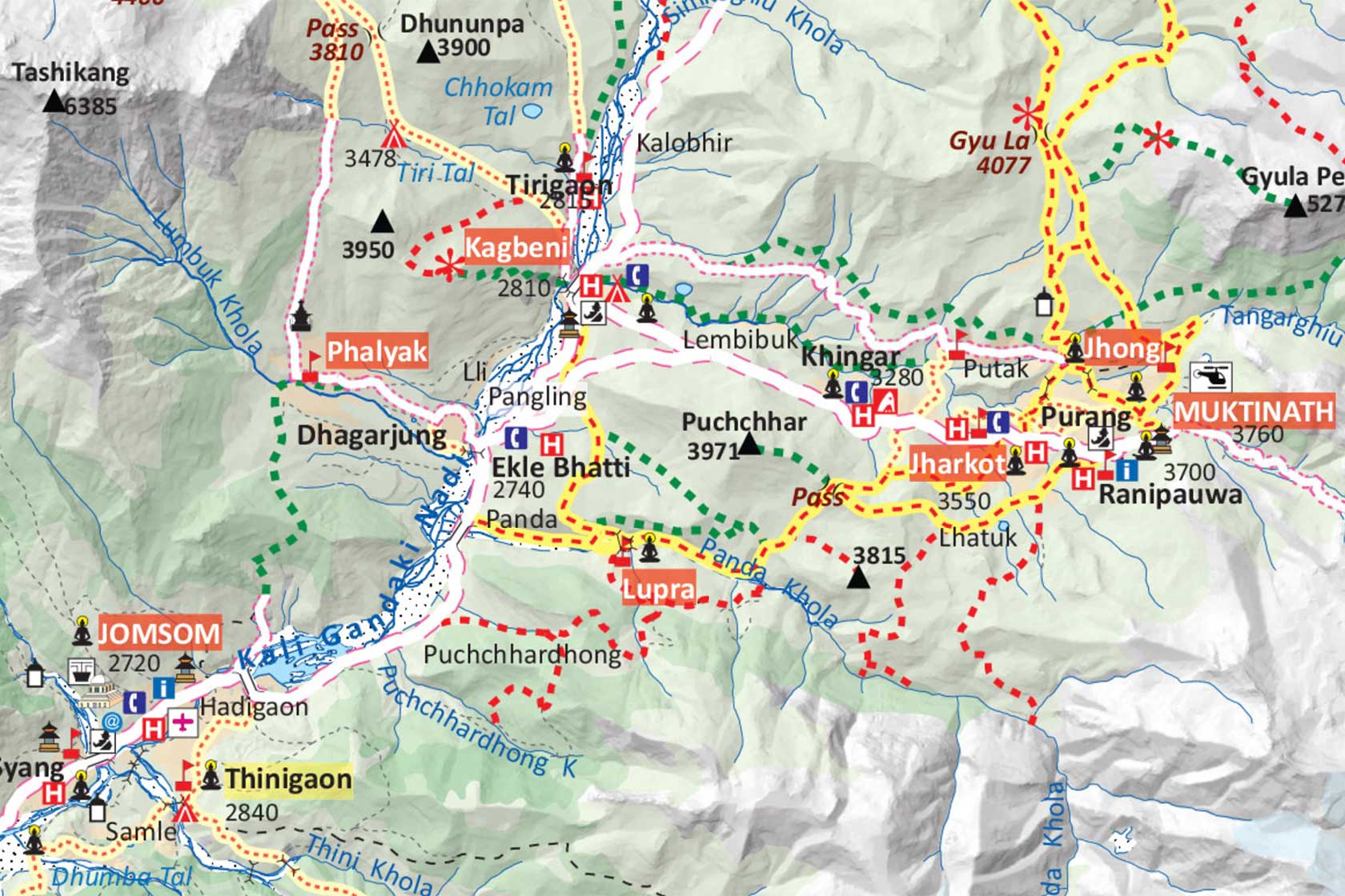 Схема маршрутов в районе Джомсома и Муктинатха