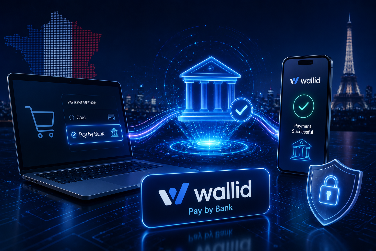 Illustration futuriste représentant une boutique e-commerce française utilisant le Pay by Bank via Wallid pour accepter des paiements bancaires directs après un refus de prestataire de paiement traditionnel.