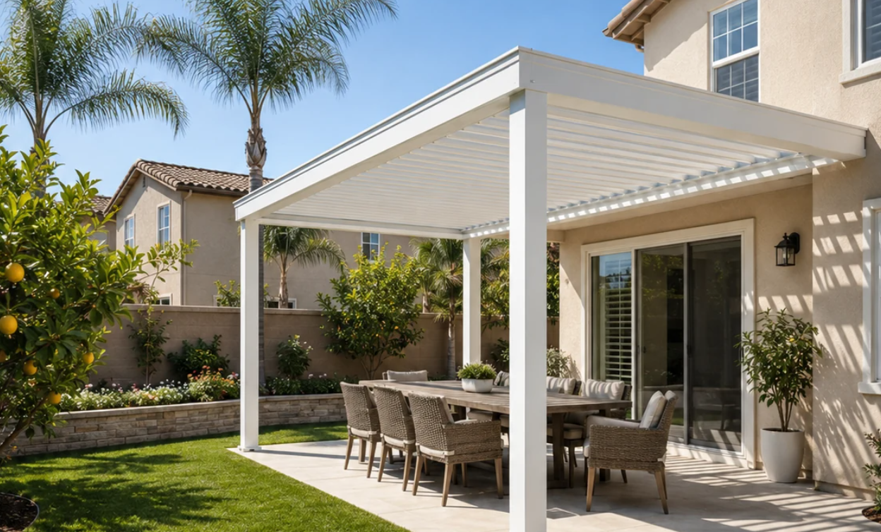 custom white aluminum pergola installation in Woodbridge Irvine CA for shaded outdoor dining