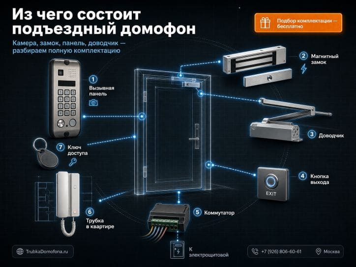 Установка подъездного домофона с камерой магнитным замком и вызывной панелью — полная комплектация системы