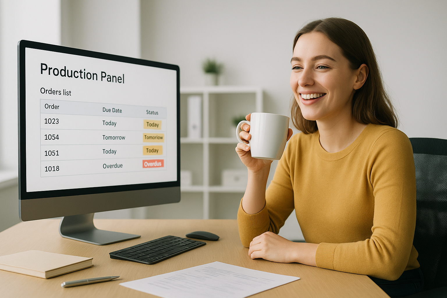 Спокойный менеджер смотрит на экран с понятной панелью задач