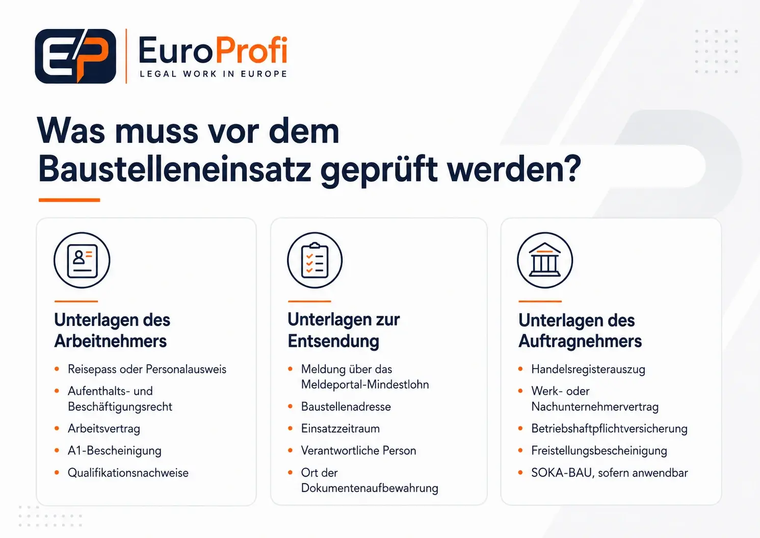 Checkliste der Unterlagen für Arbeitnehmer, Entsendung und ausländische Auftragnehmer in Deutschland
