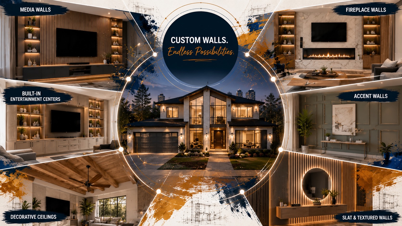 Editorial collage showcasing six custom wall solutions for Houston homes, including media walls, fireplace walls, accent walls, built-in entertainment centers, decorative ceilings, and wood slat feature walls surrounding a contemporary residential home with architectural sketches and premium material details.