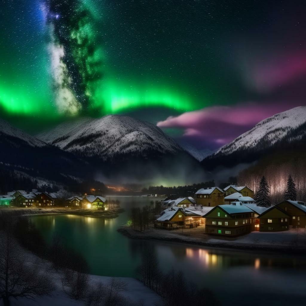 Уютные коттеджи у горного озера на фоне величественных снежных гор, подсвеченных северным сиянием и свечением Млечного Пути под куполом звездного неба
