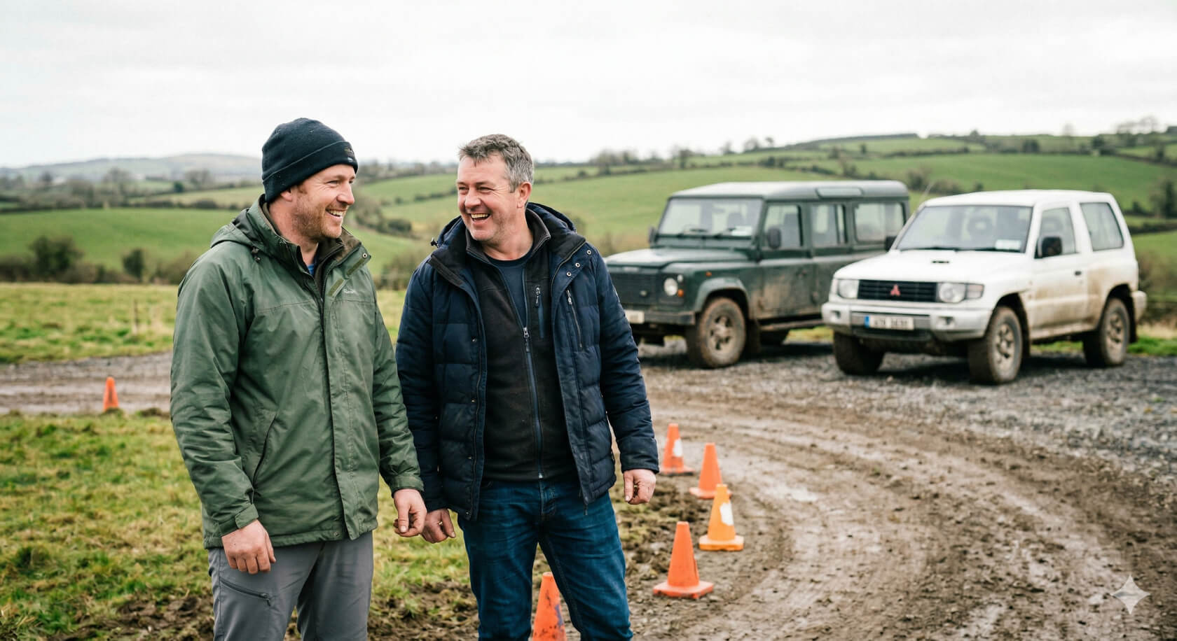 Two clean-dressed middle-aged men laughing in front of two 4x4 Jeeps on a gravel track at Reverse Steer Jeeps near Athboy, County Meath.