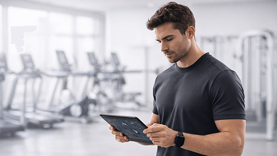 Профессиональный фитнес-тренер с планшетом в современном зале.