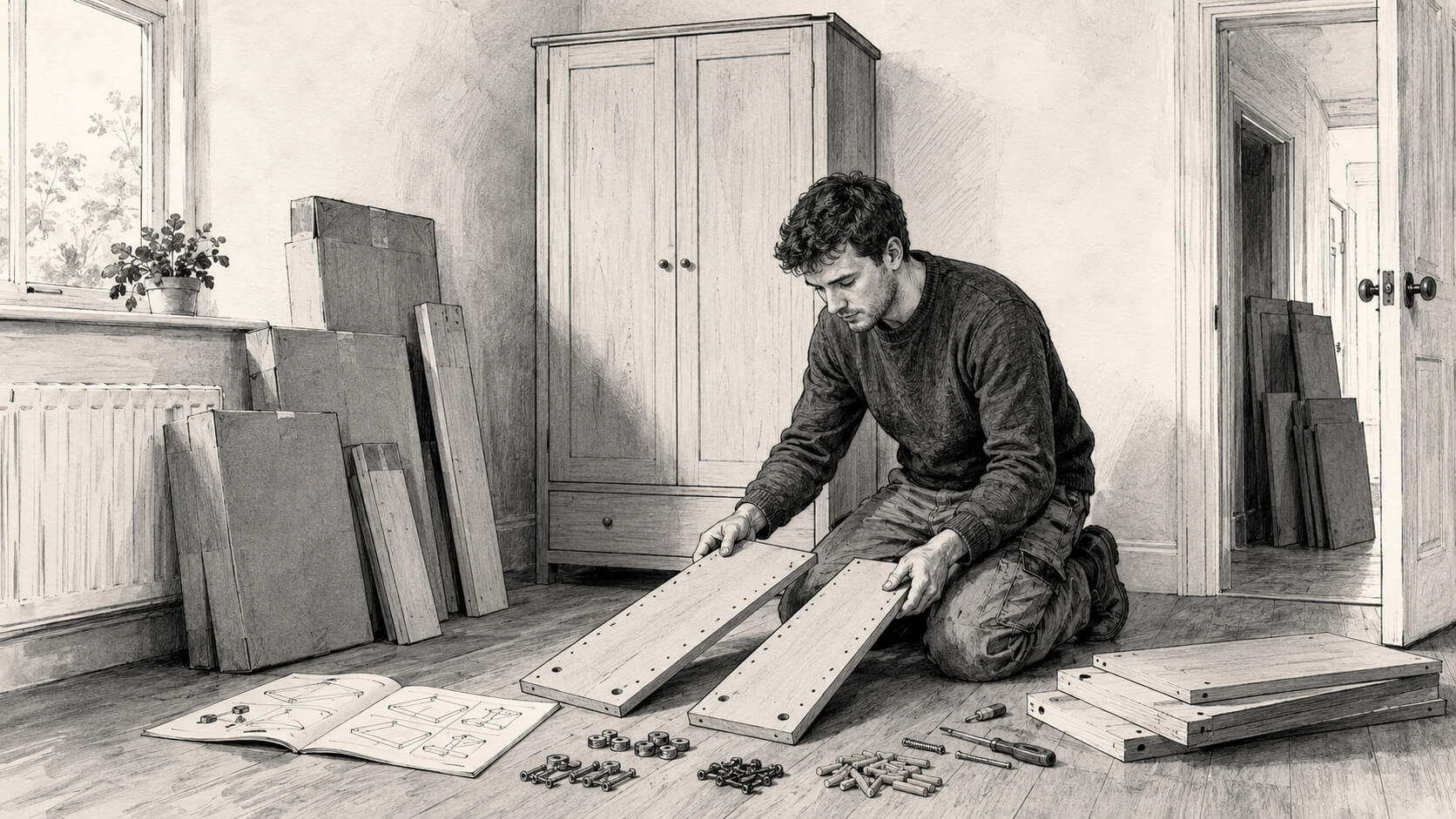Ronan assembling flat-pack furniture among boxes in a black-and-white illustration