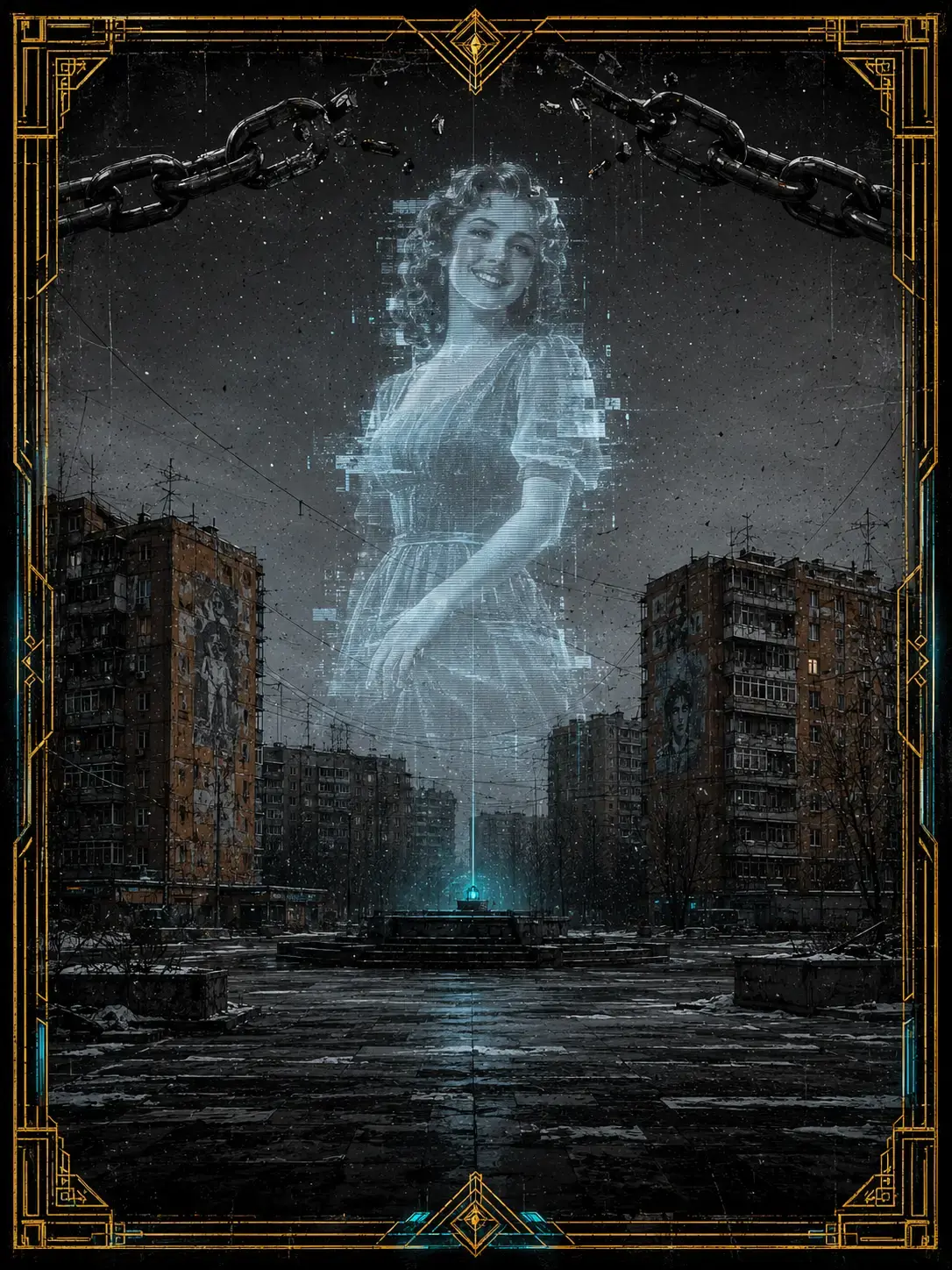 Монохромный нуар-комикс. Площадь в Заречье, серое утро, техно-снег. Над площадью — старая голограмма девушки в серо-голубом платье. Она улыбается, но изображение тусклое, мерцает. Вертикальный формат.