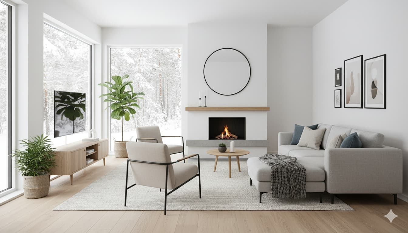 Светлая гостиная загородного дома в скандинавском стиле с камином и современной мебелью на тонких ножках