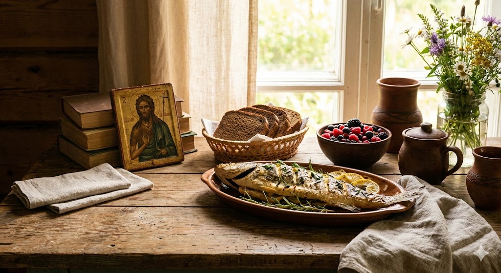 Постный праздничный стол на Рождество Иоанна Предтечи: рыба и овощи