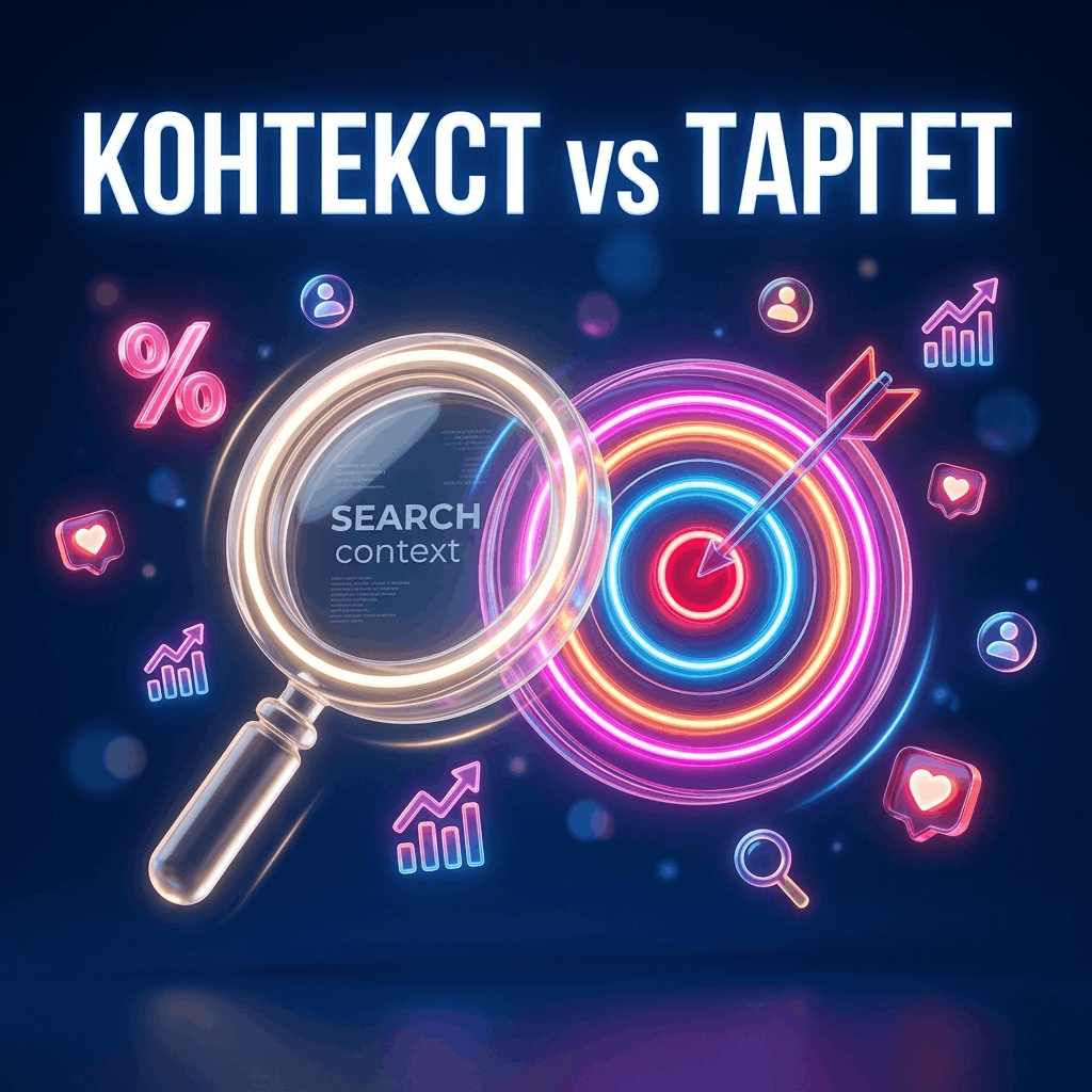 Отличие контекстной рекламы от таргетированной: стеклянные 3D-иконки лупы и мишени на темно-синем фоне.