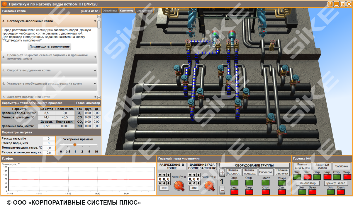 Оператор котельной: пиковый теплофикационный водогрейный газомазутный котел  120 — Тренажер-имитатор SIKE