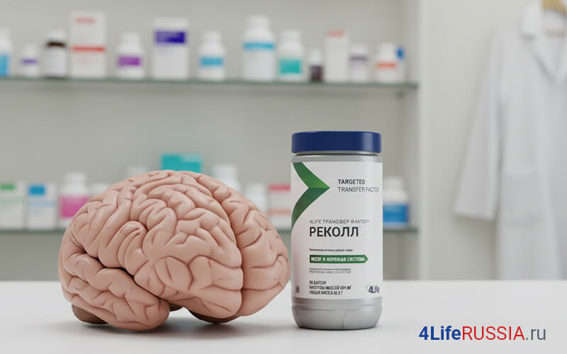 Модель мозга рядом с банкой 4Life Transfer Factor