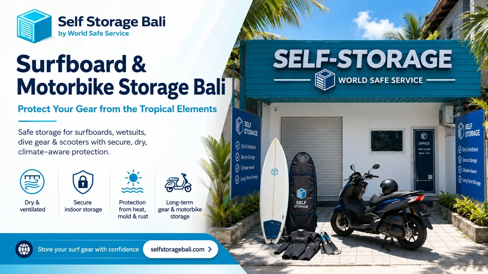 Secure surfboard and motorbike storage facility in Bali by World Safe Service showing a surfboard wetsuit dive fins and a scooter parked safely.