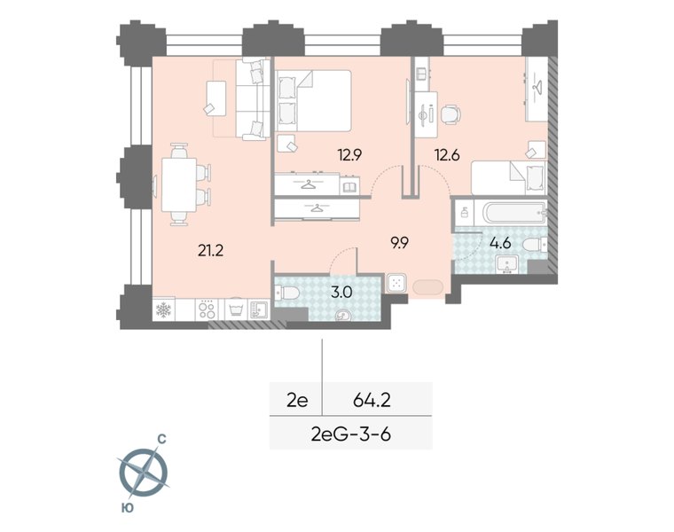Планировка 2-комнатной евроквартиры 64,2 м² в доме «СПАРК» (ЗИЛАРТ): дом 21, 6-й этаж