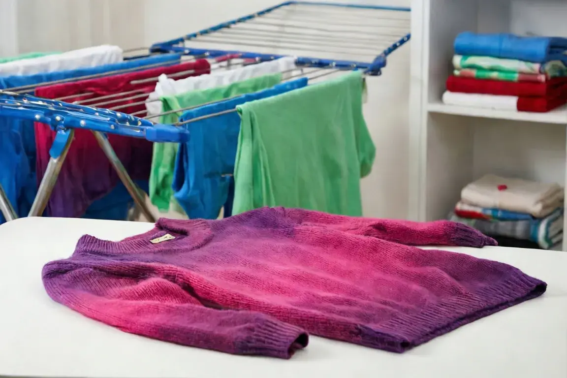 Clothes drying on an indoor drying rack, a sweater laid flat to dry on a table, and folded linens on a shelf in the background