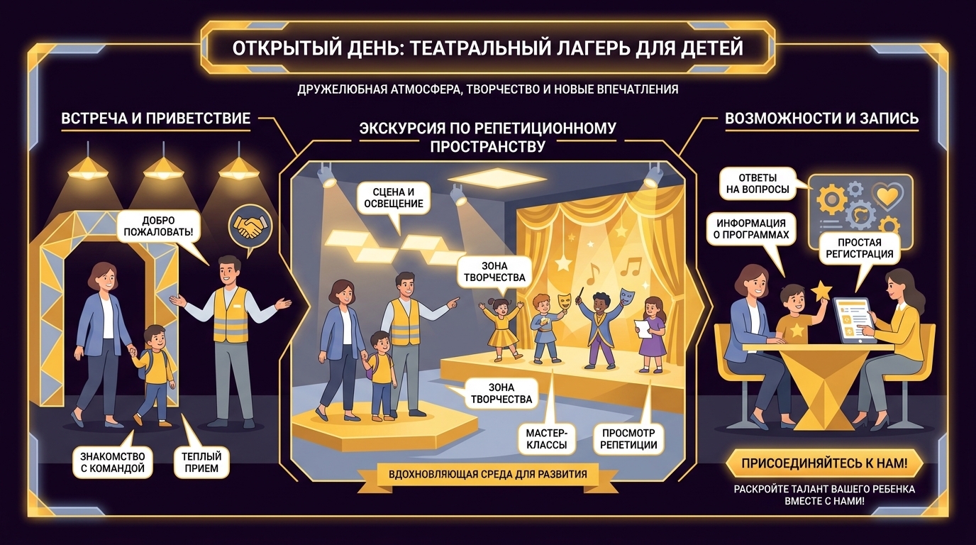 Родитель с ребенком знакомятся с лагерем на дне открытых дверей