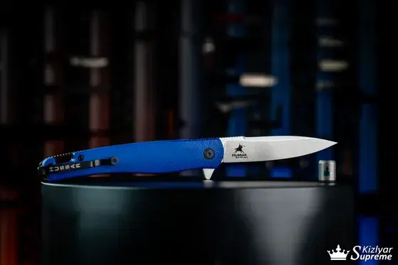 Blue Kizlyar Supreme Hussar folding knife with an M398 steel blade