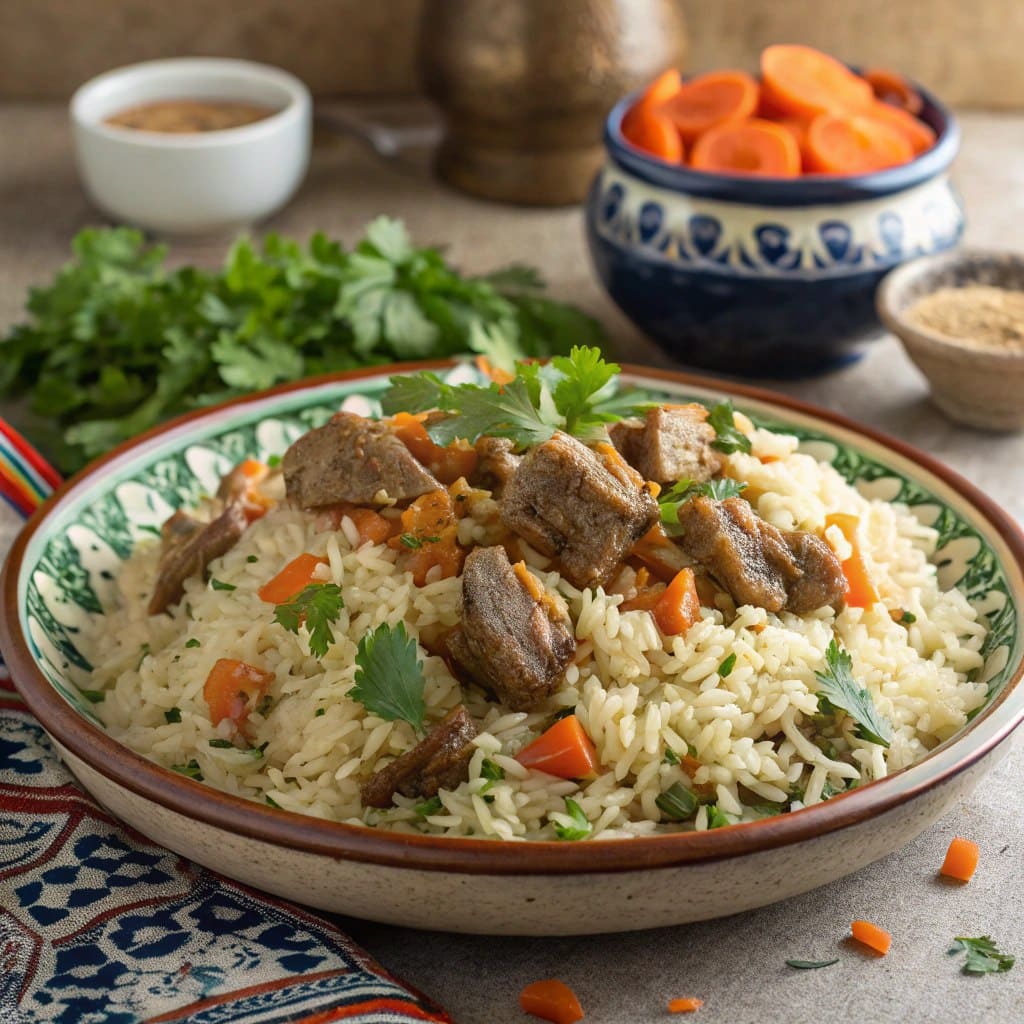 рассыпчатый плов с бараниной в афганском казане на тарелке с зеленью