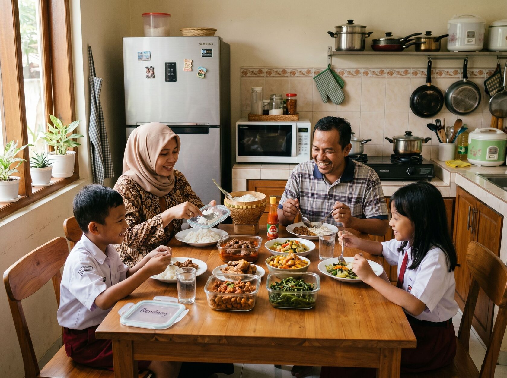 keluarga Indonesia menyimpan makanan di dapur rumah dengan rapi