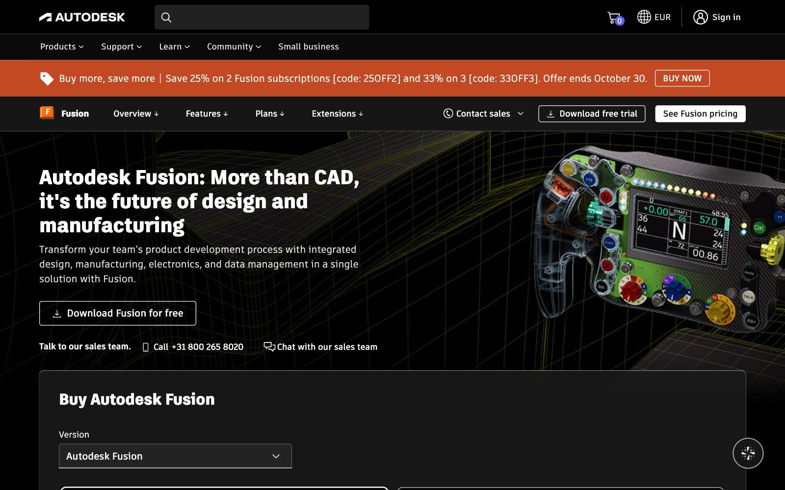 Screenshot of the Autodesk Fusion product page with the headline Autodesk Fusion: More than CAD, it's the future of design and manufacturing, a Download Fusion for free button and a rendered racing steering wheel