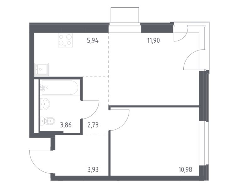 Планировка 1-комнатной квартиры 39,34 м² в ЖК «Квартал Западный»: корпус 6, секция 9, 8-й этаж