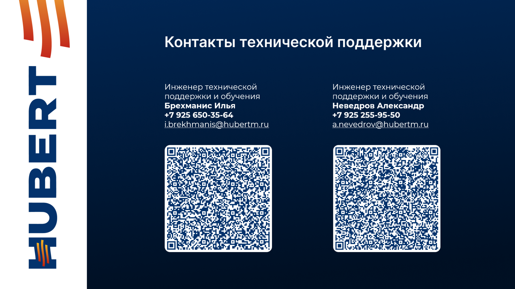 Контакты инженеров технической поддержки HUBERT