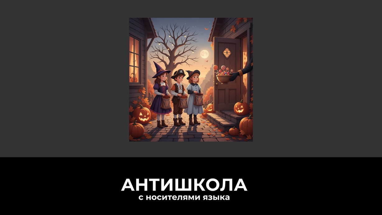 Дети в костюмах ведьм и супергероев стучат в двери на Хэллоуин, собирая сладости. Фон - дом, украшенный тыквами.