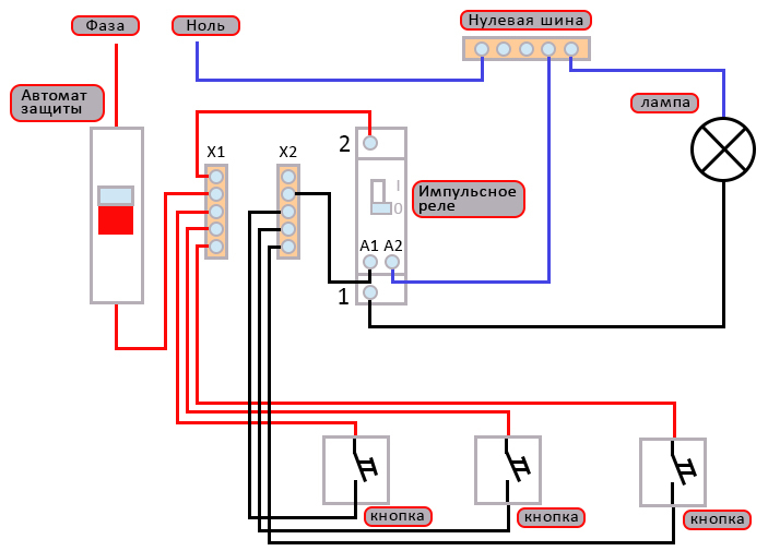 Мастер кнопка схема. Импульсное реле для управления освещением схема. Мастер выключатель через импульсное реле схема подключения. Проходной выключатель через импульсное реле.