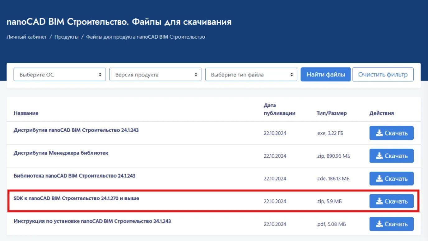 SDK nanoCAD BIM Строительство 24.1 в Личном кабинете пользователя