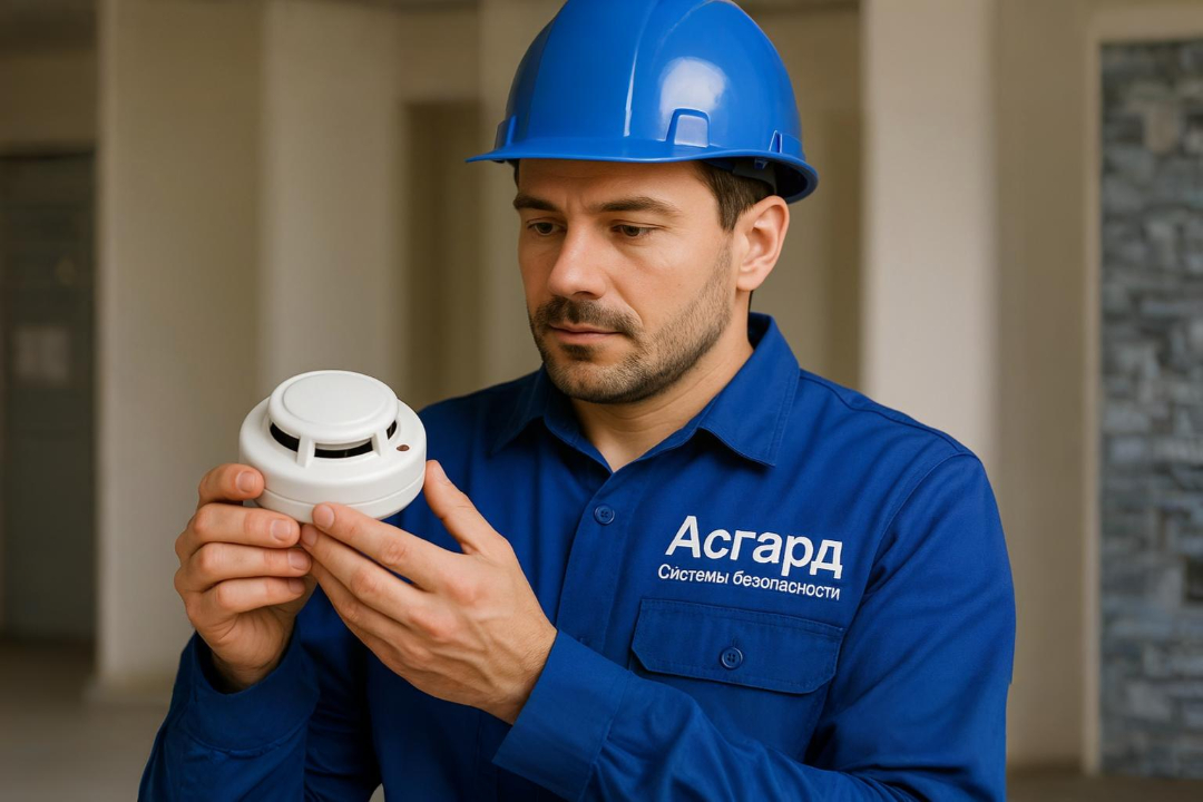 Инженер устанавливает пожарную сигнализацию - Асгард