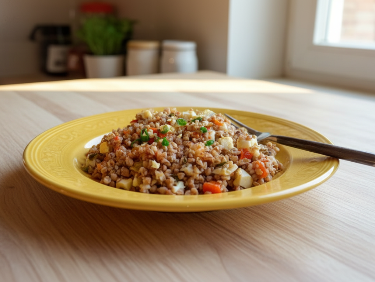 Готовая гречка с томатным соусом и луком, рассыпчатая, с золотистым оттенком.
