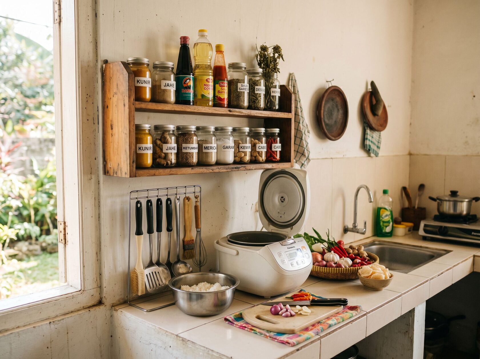 Dapur kecil Indonesia yang tertata rapi dengan bumbu dan peralatan sederhana