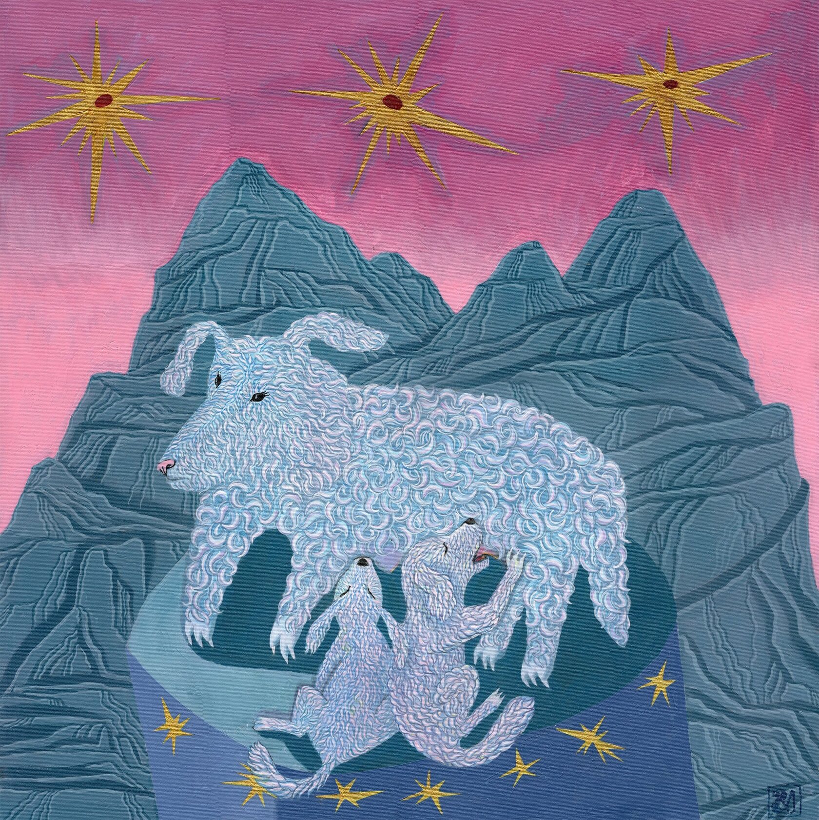 Painting of a curly white she-wolf nursing two pups on a mountain top under three golden stars, against a pink sky.