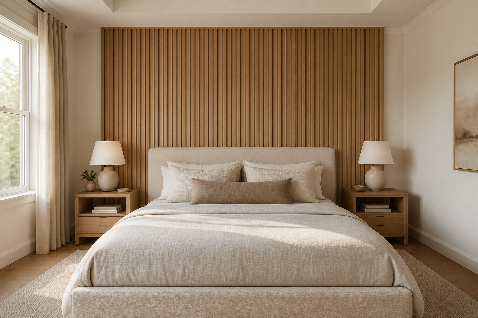 Natural white oak vertical slat accent wall centered behind an upholstered bed in a warm contemporary bedroom